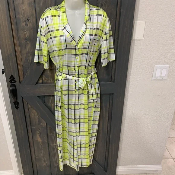 TopShop Neon Yellow Green Plaid Jumpsuit Collared Belted size New